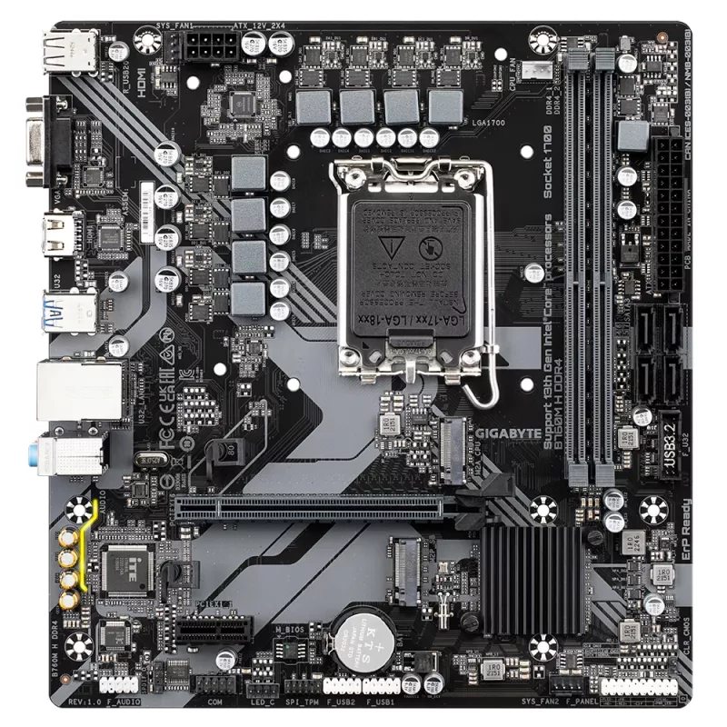 GIGABYTE B760M H DDR4 pagrindinė plokštė – palaiko Intel Core 14-os kartos procesorius, 6+1+1 fazių skaitmeninį VRM, iki 3200 MHz DDR4 (OC), 2x PCIe 4.0 M.2, GbE LAN, USB 3.2 Gen1