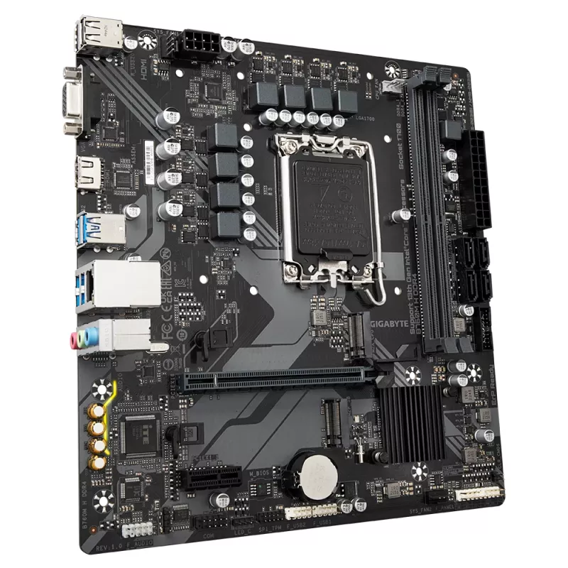 GIGABYTE B760M H DDR4 pagrindinė plokštė – palaiko Intel Core 14-os kartos procesorius, 6+1+1 fazių skaitmeninį VRM, iki 3200 MHz DDR4 (OC), 2x PCIe 4.0 M.2, GbE LAN, USB 3.2 Gen1