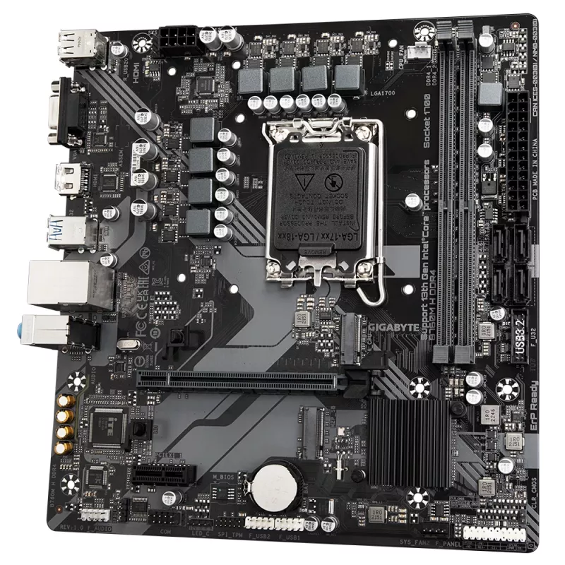 GIGABYTE B760M H DDR4 pagrindinė plokštė – palaiko Intel Core 14-os kartos procesorius, 6+1+1 fazių skaitmeninį VRM, iki 3200 MHz DDR4 (OC), 2x PCIe 4.0 M.2, GbE LAN, USB 3.2 Gen1