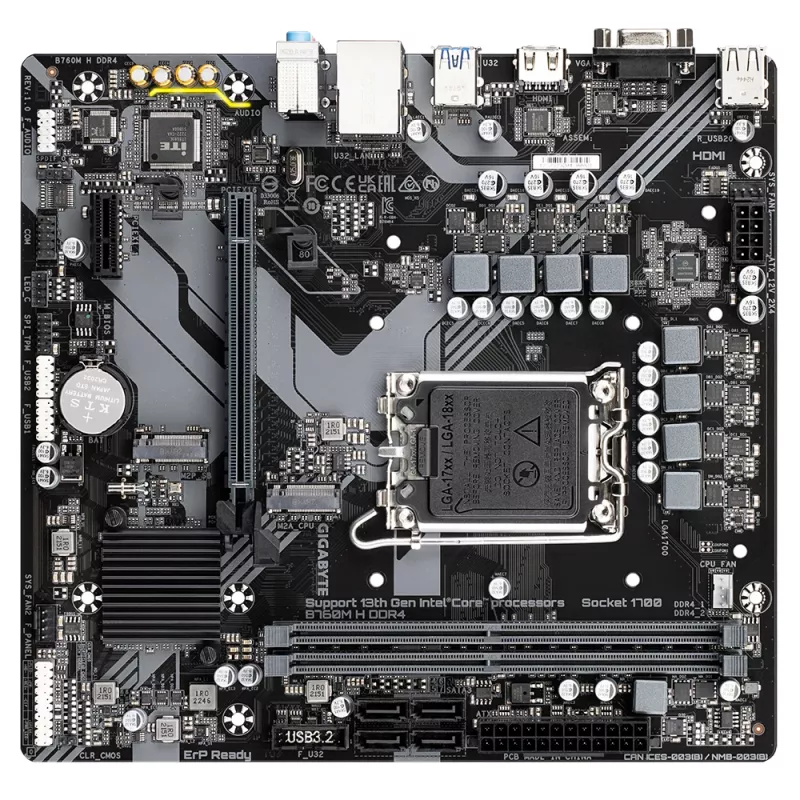 GIGABYTE B760M H DDR4 pagrindinė plokštė – palaiko Intel Core 14-os kartos procesorius, 6+1+1 fazių skaitmeninį VRM, iki 3200 MHz DDR4 (OC), 2x PCIe 4.0 M.2, GbE LAN, USB 3.2 Gen1