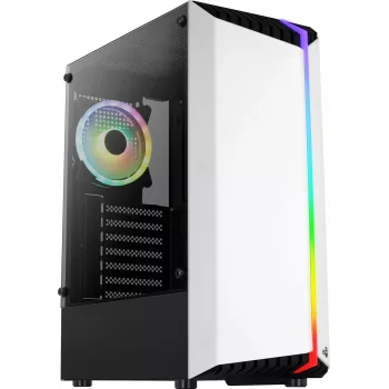 PC korpusas AEROCOOL Bionic Midi Tower White — ATX, grūdintas stiklas, 2x3,5 colio lizdai, 6x2,5 colio, 297 mm GPU, mėlynas LED