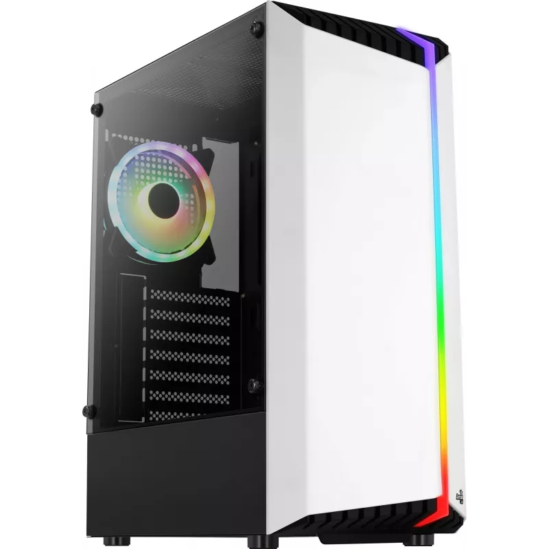 PC korpusas AEROCOOL Bionic Midi Tower White — ATX, grūdintas stiklas, 2x3,5 colio lizdai, 6x2,5 colio, 297 mm GPU, mėlynas LED