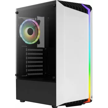 PC korpusas AEROCOOL Bionic Midi Tower White — ATX, grūdintas stiklas, 2x3,5 colio lizdai, 6x2,5 colio, 297 mm GPU, mėlynas LED