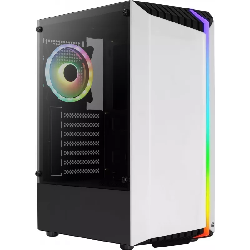 PC korpusas AEROCOOL Bionic Midi Tower White — ATX, grūdintas stiklas, 2x3,5 colio lizdai, 6x2,5 colio, 297 mm GPU, mėlynas LED