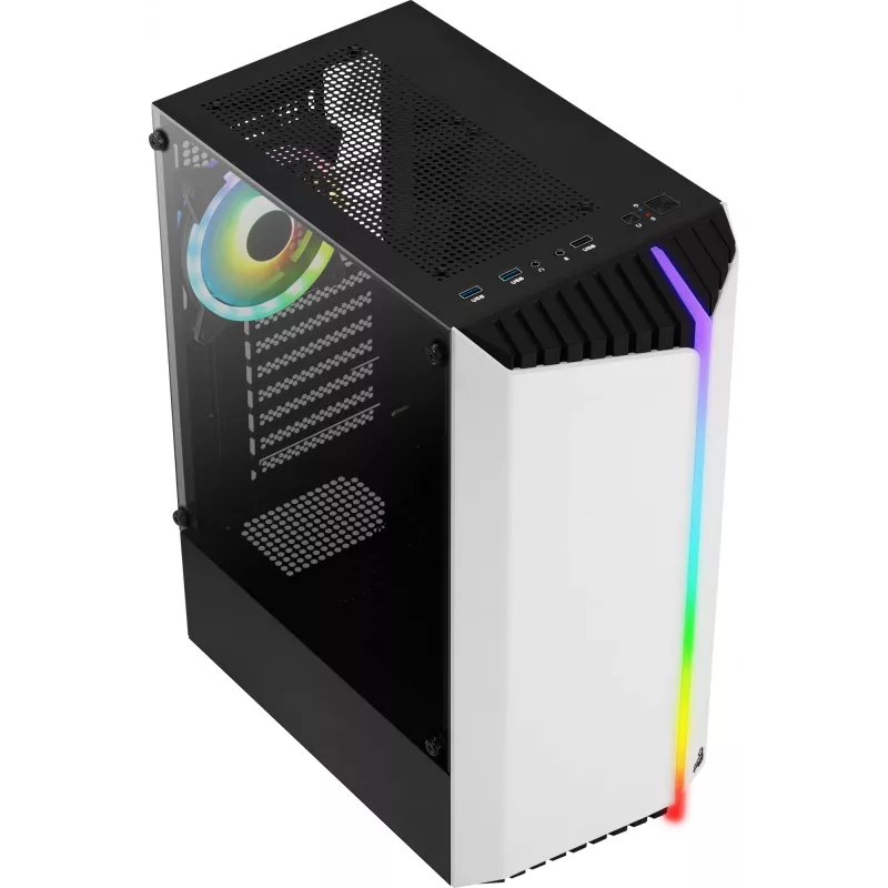 PC korpusas AEROCOOL Bionic Midi Tower White — ATX, grūdintas stiklas, 2x3,5 colio lizdai, 6x2,5 colio, 297 mm GPU, mėlynas LED