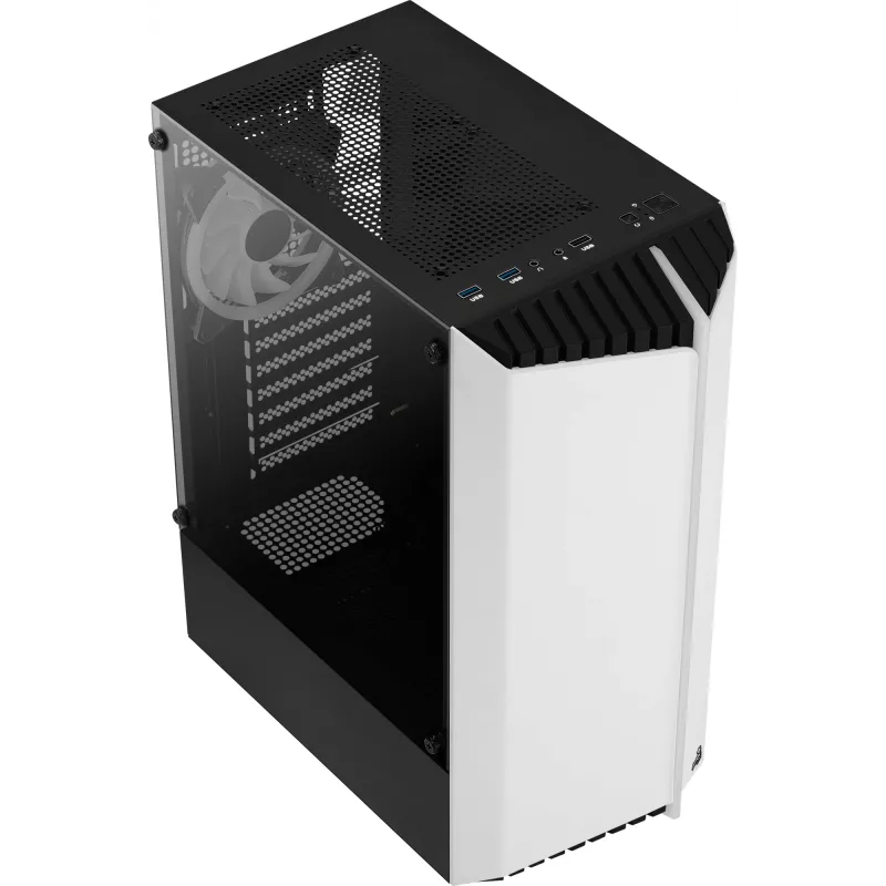 PC korpusas AEROCOOL Bionic Midi Tower White — ATX, grūdintas stiklas, 2x3,5 colio lizdai, 6x2,5 colio, 297 mm GPU, mėlynas LED