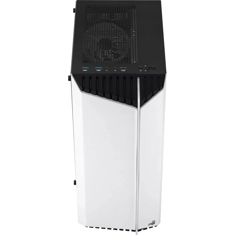 PC korpusas AEROCOOL Bionic Midi Tower White — ATX, grūdintas stiklas, 2x3,5 colio lizdai, 6x2,5 colio, 297 mm GPU, mėlynas LED