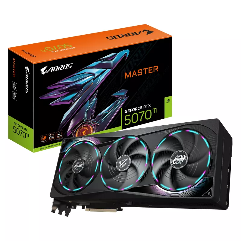 GIGABYTE AORUS GeForce RTX 5070 Ti MASTER 16G vaizdo plokštė - 16 GB GDDR7, 256 bitų, PCI-E 5.0, 2670 MHz šerdies dažnis, 3 x DP 2.1a, 1 x HDMI 2.1b, NVIDIA DLSS 4, GV-N507TAORUS M-16GD