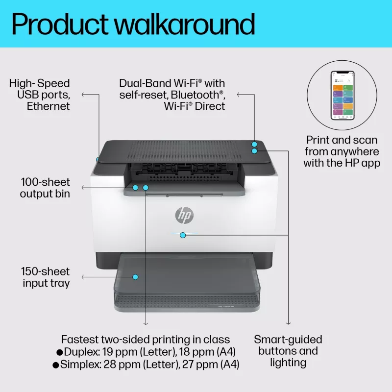 HP LaserJet M207dw spausdintuvas, lazerinis, 600 x 600 DPI, A4, 27 ppm, dvipusis spausdinimas, pilka, balta