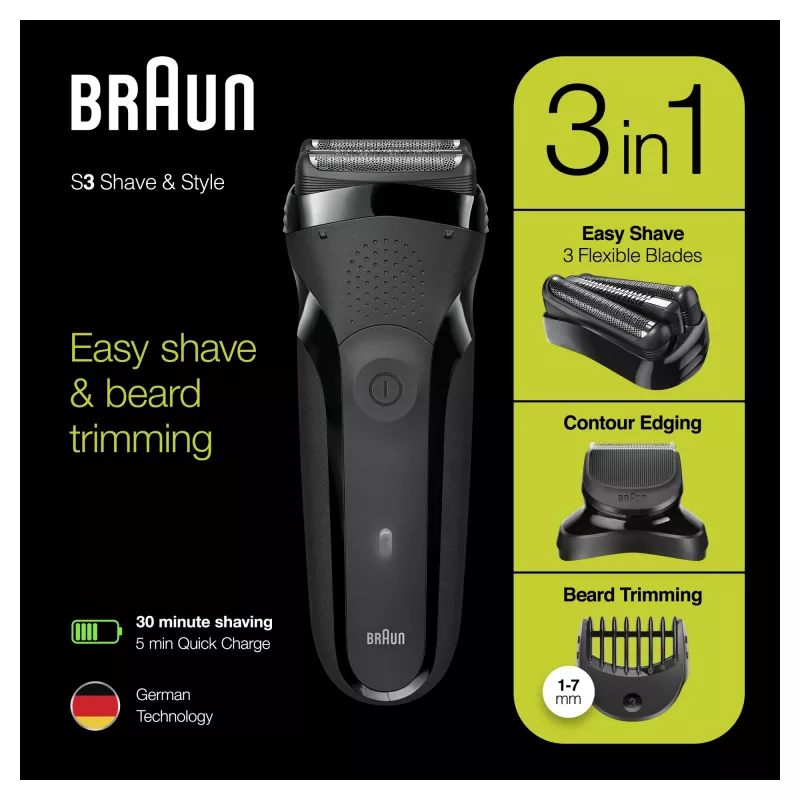 Braun Series 3 Shave&Style 300BT elektrinė barzdaskutė, vyrų skustuvas, juodas