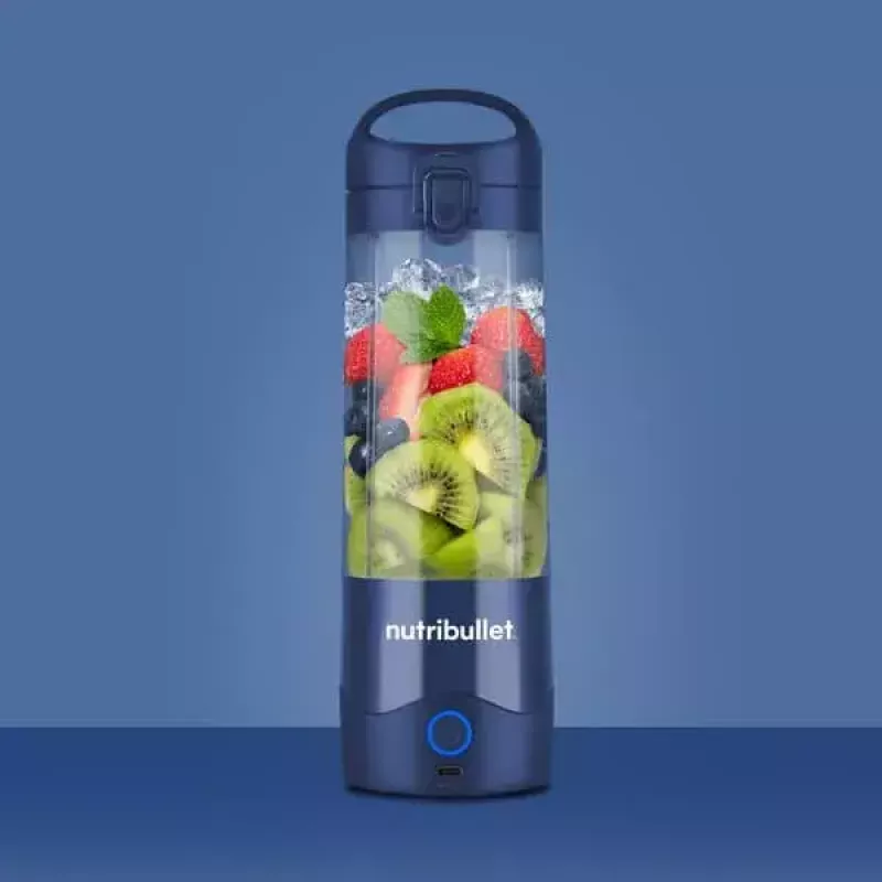 Sportinis trintuvas NUTRIBULLET Portable 0,475 l, maitinamas baterijomis, nerūdijančio plieno peiliukai, Tritan dubuo, tamsiai mėlynas