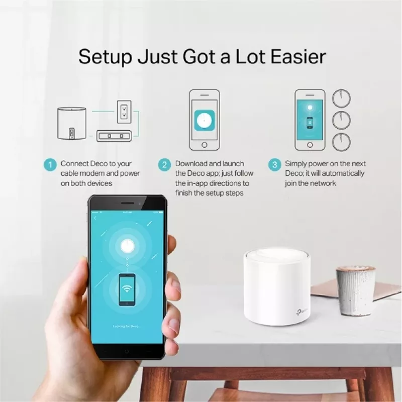 TP-Link AX1800 viso namo „Mesh“ Wi-Fi 6 sistema, balta, vidinė, „Mesh“ maršrutizatorius, maitinimas, FCC