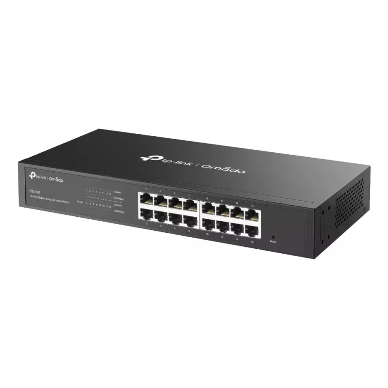 Valdomas L2 Gigabit Ethernet jungiklis TP-Link Omada ES216G — 16 x RJ-45 10/100/1000, 32 Gbit/s, 8000 MAC, juodas, montuojamas į stelažą