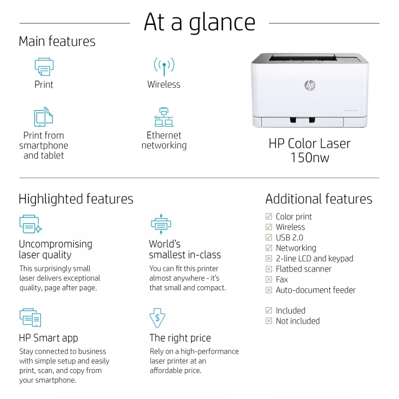 HP Color Laser 150nw, lazerinis, spalvotas, 600 x 600 DPI, A4, 18 ppm, dvipusis spausdinimas
