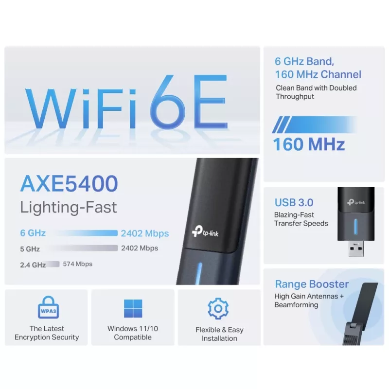 TP-Link Archer AXE5400 Wi-Fi 6E didelio stiprinimo belaidis USB adapteris