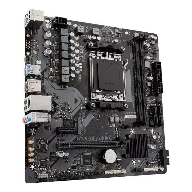 GIGABYTE A620M H pagrindinė plokštė – palaiko AMD Ryzen 8000 procesorius, 5+2+2 fazių skaitmeninis VRM, iki 7200 MHz DDR5 (OC), 1xPCIe 4.0 M.2, GbE LAN, USB 3.2 Gen 1