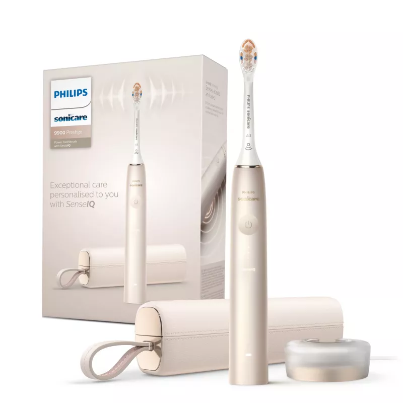 Philips Sonicare DiamondClean Prestige 9900 serijos DiamondClean Prestige HX9992/11 Sonic elektrinis dantų šepetėlis su SenseIQ - šampaninės spalvos