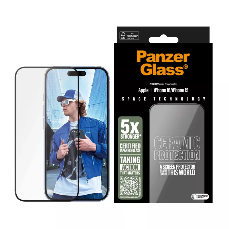 PanzerGlass ® Ceramic Screen Protector iPhone 16 | 15 | Ultra-Wide Fit su EasyAligner