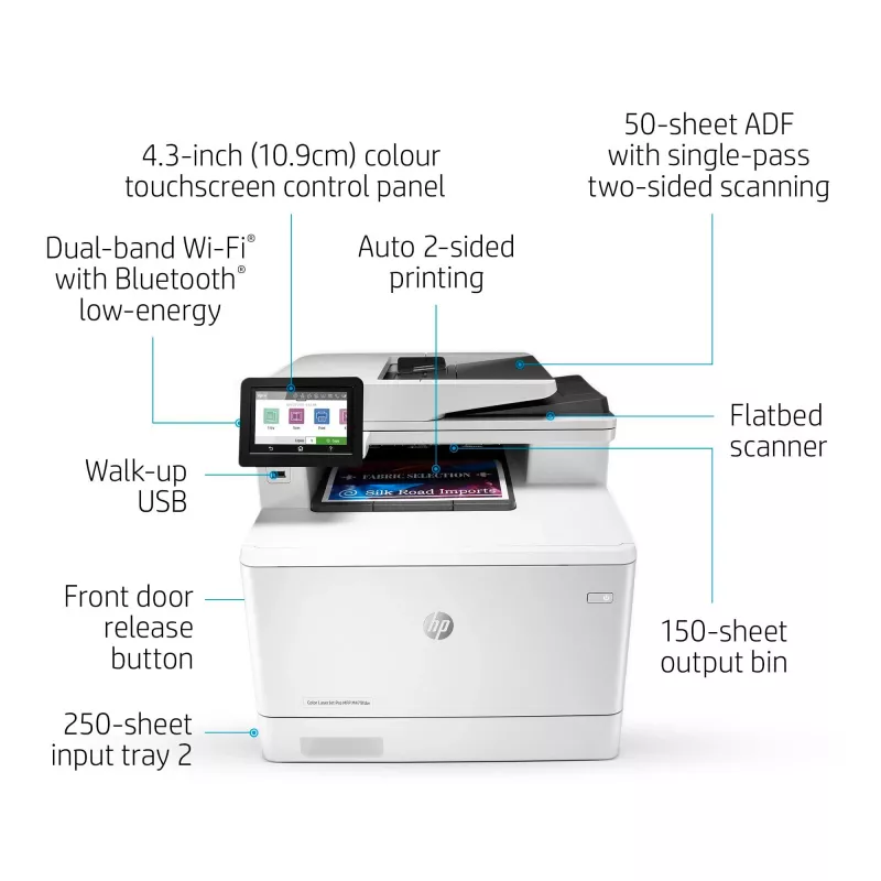 HP Color LaserJet Pro MFP M479fnw, spausdinti, kopijuoti, skenuoti, faksuoti, el. paštas, Skenavimas į el. paštą/PDF; 50 lapų nekreipiamas ADF