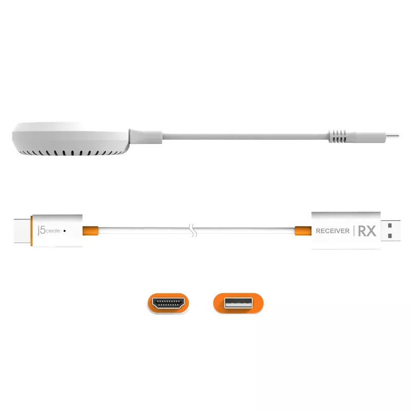 j5create JVAW62 ScreenCast USB-C® belaidžio ekrano HDMI™ plėtiklis, baltas ir oranžinis