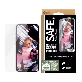 PanzerGlass SAFE. by ® Ekrano apsauga iPhone 17e | 16e | 14 | 13 | 13 Pro | Ultra-Wide Fit su EasyAligner