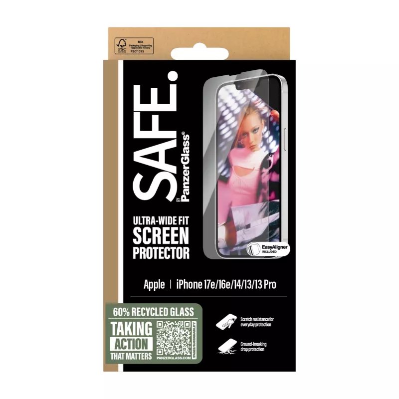 PanzerGlass SAFE. by ® Ekrano apsauga iPhone 17e | 16e | 14 | 13 | 13 Pro | Ultra-Wide Fit su EasyAligner
