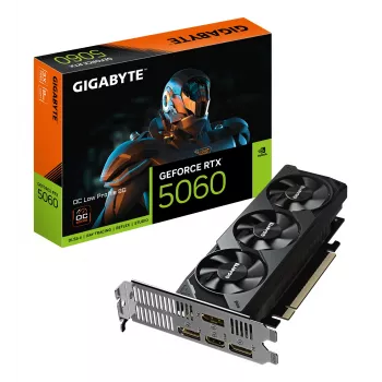 GIGABYTE GeForce RTX 5060 OC Low Profile 8G vaizdo plokštė - 8 GB GDDR7, 128 bitų, PCI-E 5.0, 2512 MHz branduolio dažnis, 3 x DisplayPort, 1 x HDMI, GV-N5060OC-8GL