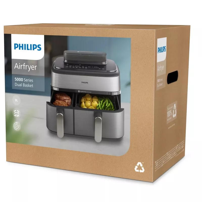 Philips 5000 serijos NA555/00 gruzdintuvė Dviguba 9 L Laisvai pastatoma 2750 W Karšto oro gruzdintuvė Sidabrinė