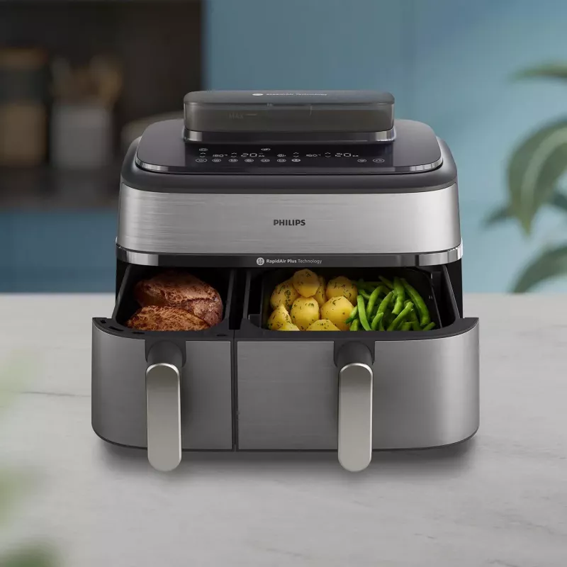 Philips 5000 serijos NA555/00 gruzdintuvė Dviguba 9 L Laisvai pastatoma 2750 W Karšto oro gruzdintuvė Sidabrinė