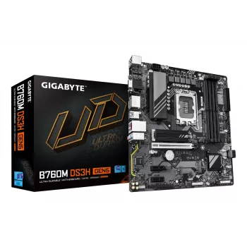 GIGABYTE B760M DS3H GEN5 pagrindinė plokštė – palaiko Intel Core 14-os kartos procesorius, 6+2+1 fazių skaitmeninis VRM, iki 5600MHz DDR5, 2xPCIe 4.0 M.2, 2.5GbE LAN, USB 3.2 Gen2