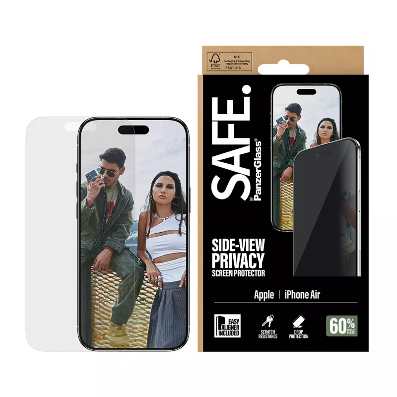 Apsauginis ekrano stiklas PanzerGlass SAFE. Privacy, skirtas Apple iPhone Air — grūdintas stiklas, itin platus prigludimas, EasyAligner, atsparus įbrėžimams ir smūgiams