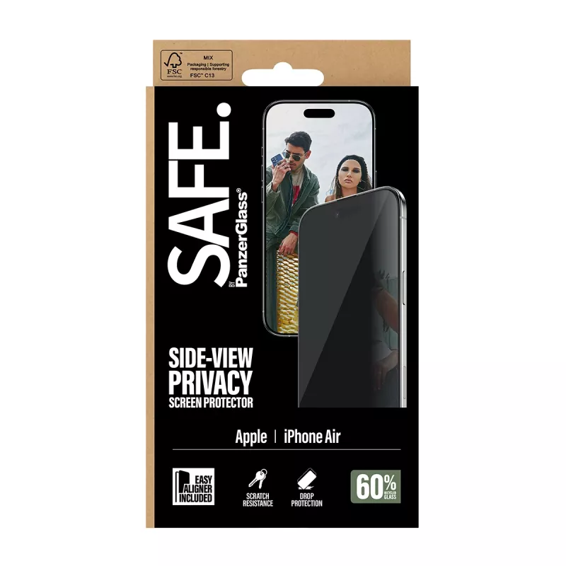Apsauginis ekrano stiklas PanzerGlass SAFE. Privacy, skirtas Apple iPhone Air — grūdintas stiklas, itin platus prigludimas, EasyAligner, atsparus įbrėžimams ir smūgiams