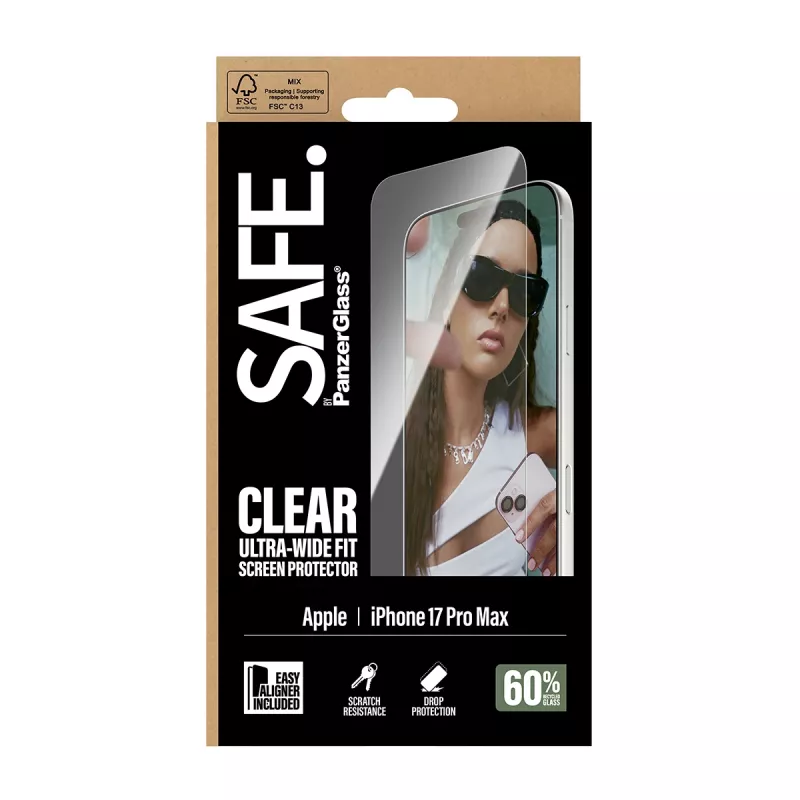 Ekrano apsauga PanzerGlass SAFE. by, skirta iPhone 17 Pro Max — Ultra-Wide Fit, grūdintas stiklas, sausas montavimas, 1 vnt.