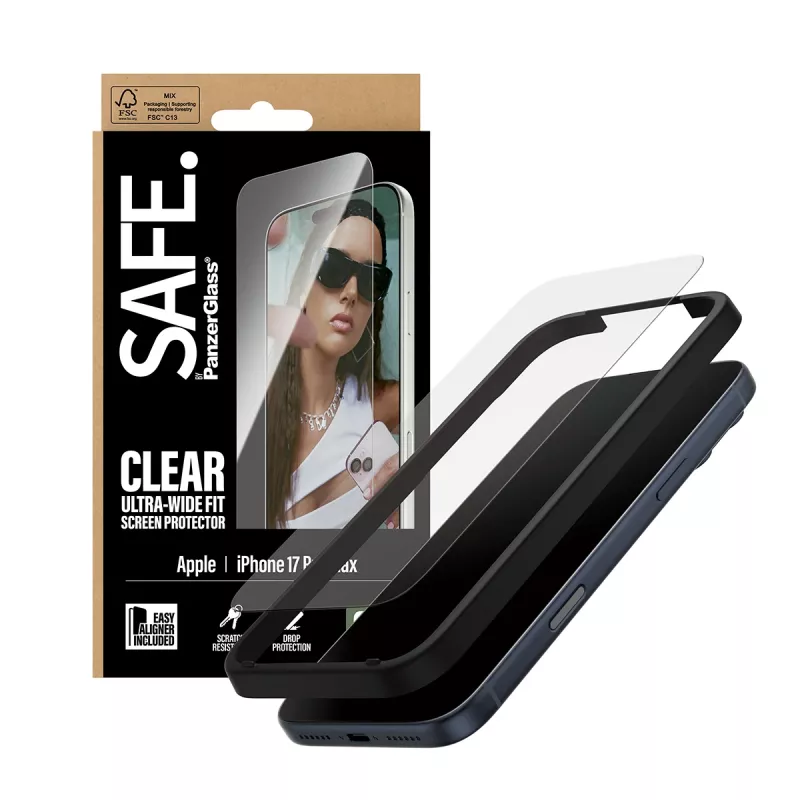 Ekrano apsauga PanzerGlass SAFE. by, skirta iPhone 17 Pro Max — Ultra-Wide Fit, grūdintas stiklas, sausas montavimas, 1 vnt.