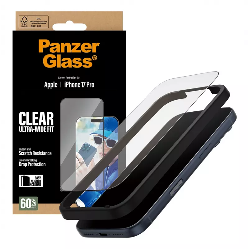 Ekrano apsauga PanzerGlass iPhone 17 Pro Ultra-Wide Fit EasyAligner atspari įbrėžimams ir smūgiams
