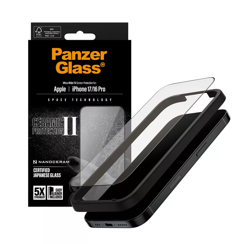 PanzerGlass ® Ceramic II ekrano apsauga iPhone 17 | iPhone 16 Pro | Ultra-Wide Fit su EasyAligner