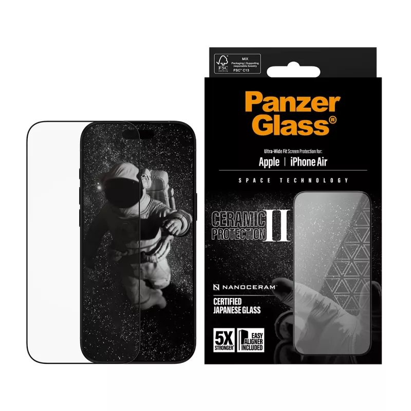 Apsauginis stiklas PanzerGlass Ceramic II, skirtas iPhone Air Ultra-Wide Fit su EasyAligner, grūdintas stiklas, PET, silikonas, skaidrus, 1 vnt.