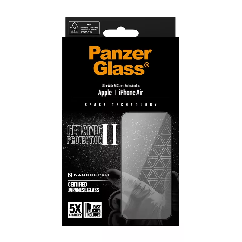 Apsauginis stiklas PanzerGlass Ceramic II, skirtas iPhone Air Ultra-Wide Fit su EasyAligner, grūdintas stiklas, PET, silikonas, skaidrus, 1 vnt.