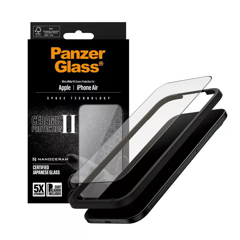 Apsauginis stiklas PanzerGlass Ceramic II, skirtas iPhone Air Ultra-Wide Fit su EasyAligner, grūdintas stiklas, PET, silikonas, skaidrus, 1 vnt.