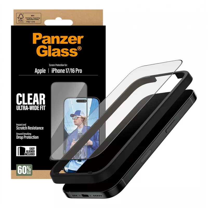 PanzerGlass ® Ekrano apsauga iPhone 17 | iPhone 16 Pro | Ultra-Wide Fit su EasyAligner
