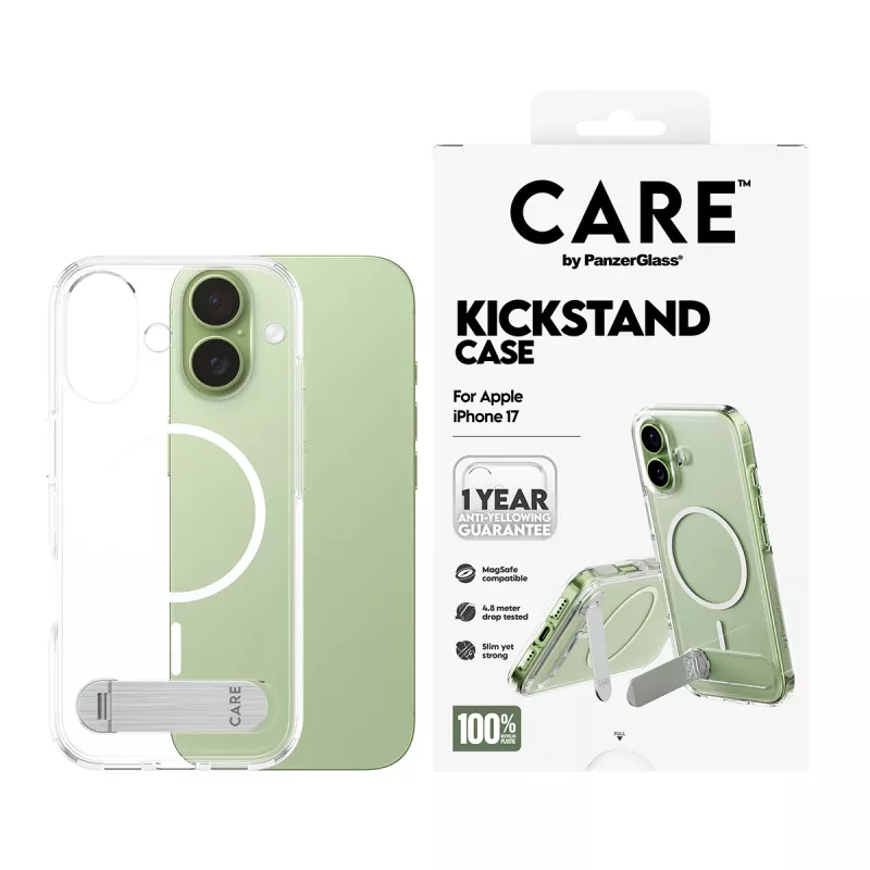 PanzerGlass CARE by Feature dėklas, permatomas su atrama ir MagSafe, skirtas iPhone 17