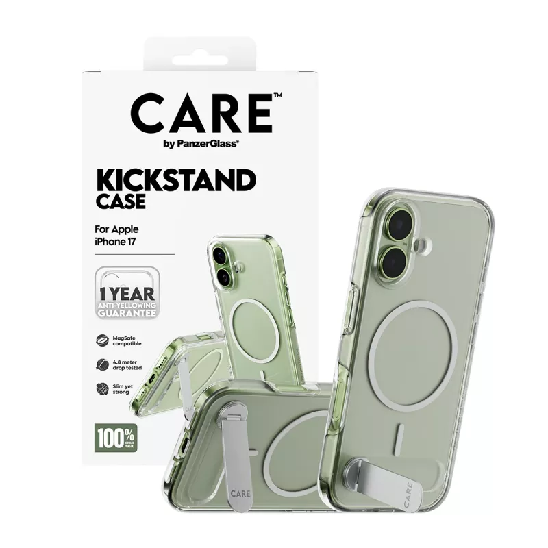 PanzerGlass CARE by Feature dėklas, permatomas su atrama ir MagSafe, skirtas iPhone 17