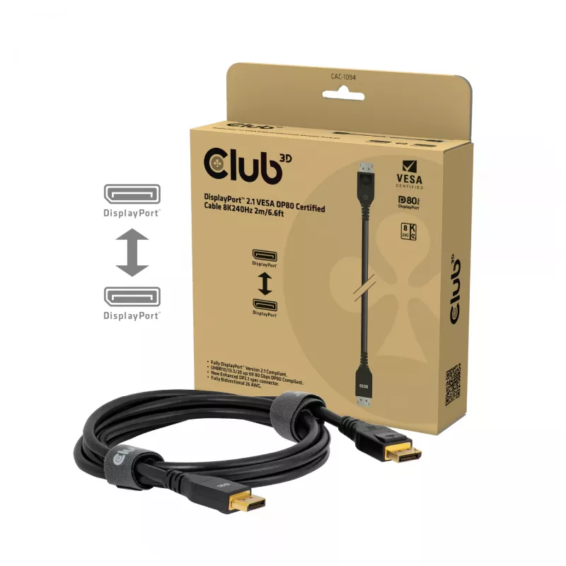 CLUB3D DisplayPort™ 2.1 VESA DP80 Certified kabelis 8K240Hz 2m/6.56ft