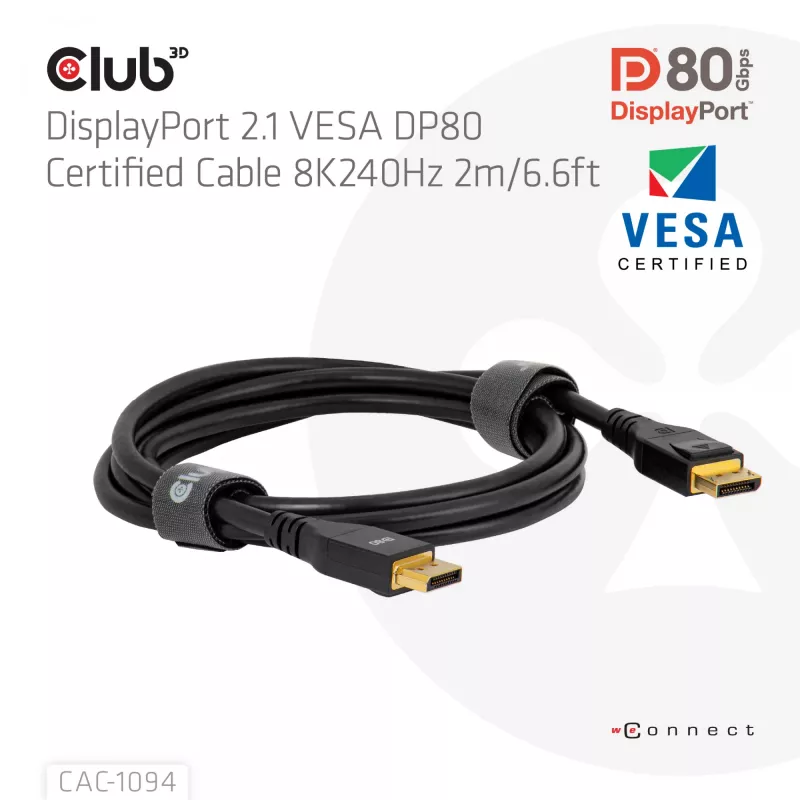 CLUB3D DisplayPort™ 2.1 VESA DP80 Certified kabelis 8K240Hz 2m/6.56ft