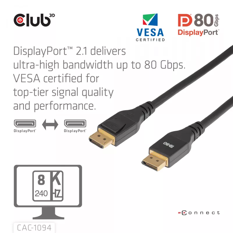 CLUB3D DisplayPort™ 2.1 VESA DP80 Certified kabelis 8K240Hz 2m/6.56ft