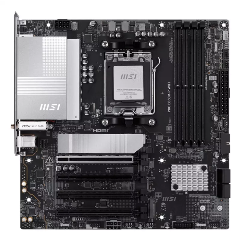 Motininė plokštė MSI PRO B850M-P WIFI micro ATX, AMD B850, Socket AM5, 4×DDR5 DIMM, 3×M.2, Wi‑Fi 7, 5Gb LAN
