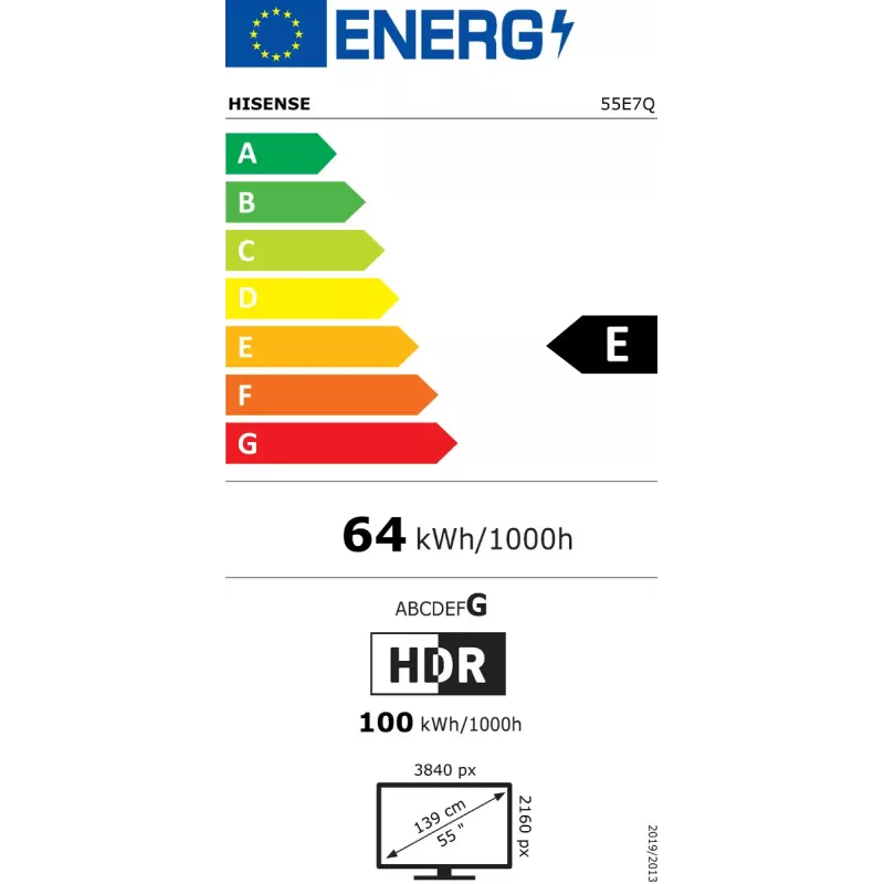 LED televizorius Hisense 55E7Q 55 colių QLED 4K UHD (3840x2160), VIDAA, Wi‑Fi, Bluetooth, HDR10, 60Hz, 20W, juodas