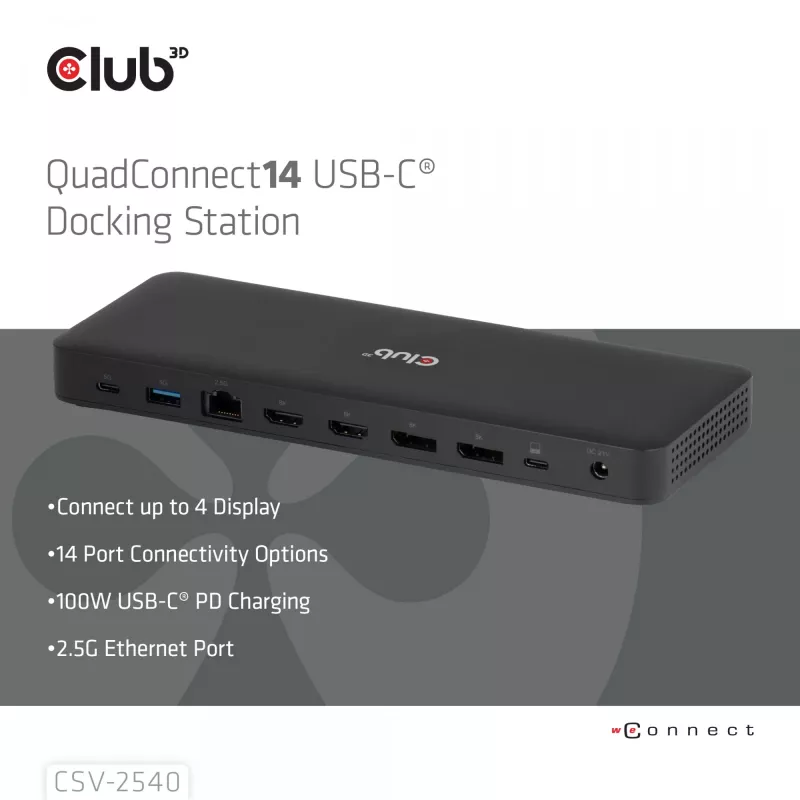 Docking stotelė CLUB 3D 14-1 USB-C Quad Display USB4 su 2× USB 2.0 prievadais