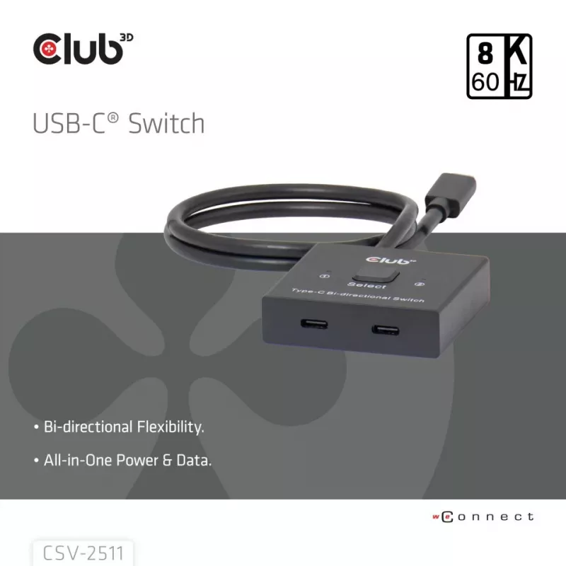 CLUB3D USB-C® dvipusis vaizdo + duomenų + PD jungiklis, USB Type-C, 2x DisplayPort, 7680 x 4320 pikselių, juoda, 8K Ultra HD, 120 Hz