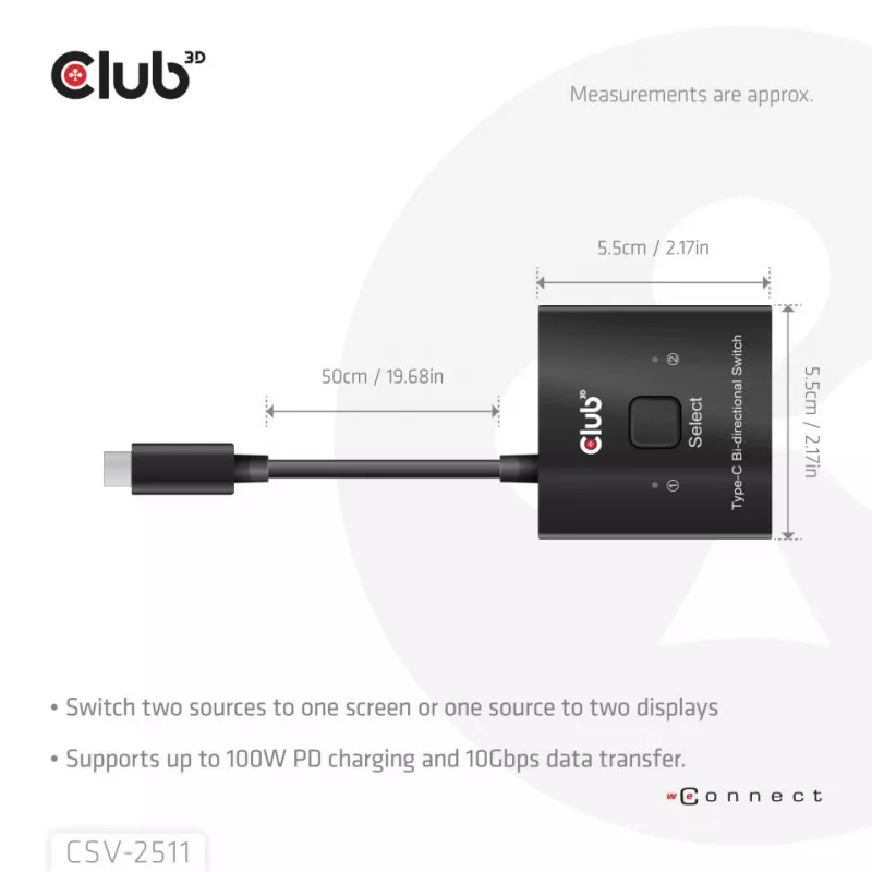 CLUB3D USB-C® dvipusis vaizdo + duomenų + PD jungiklis, USB Type-C, 2x DisplayPort, 7680 x 4320 pikselių, juoda, 8K Ultra HD, 120 Hz